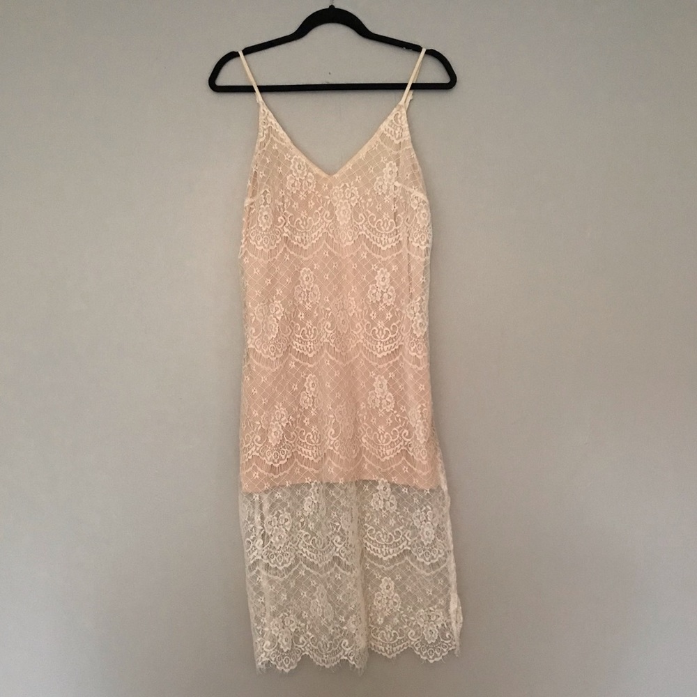 Nude and White Overlay Lace Slip Dress